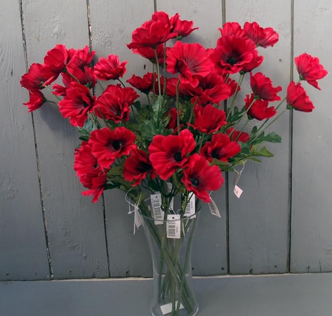 Amapolas artificiales, de 45 cm, flores de color rojo, 10 unidades