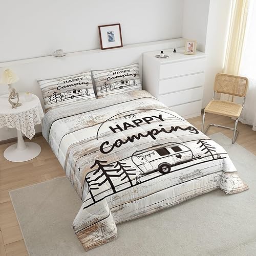 Miniatura 5 de Juego de edredón de campista, tamaño Queen, juego de ropa de cama de campamento feliz para niños y niñas, decoración de dormitorio rústico de