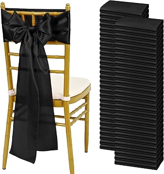 YMHPRIDE 60 PCS Black Satin Chair Sashes, 7x108 Inch Ties Chair Bows
