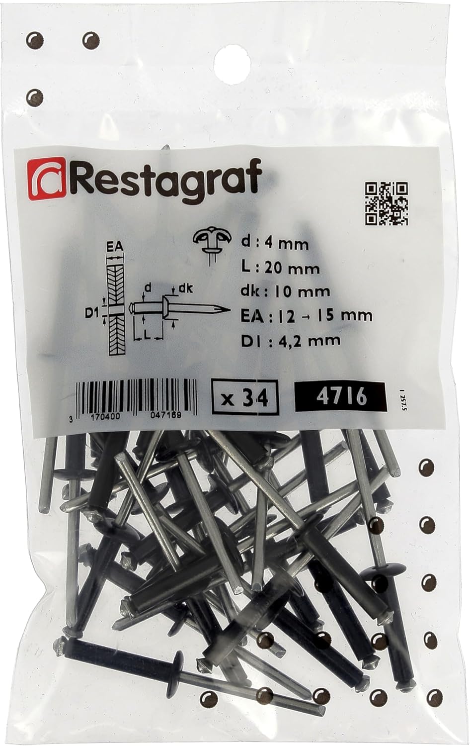 Restagraf - Black flourished rivets for registration plates - Diameter 4 mm - Length 20 mm - Ref 4716 - Pack of 34, Black