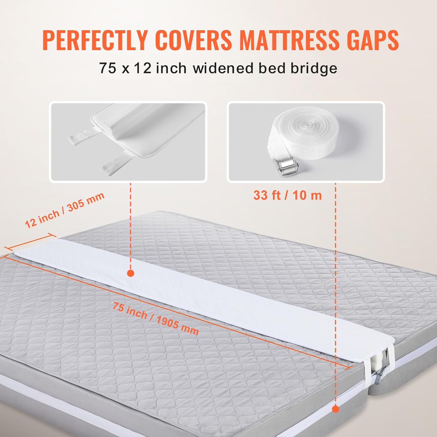 Happybuy Bed Bridge - King Size Bed Converter Kit, Split King Gap Filler for Adjustable Mattress with Heavy-Duty Metal Buckle Strap and 25D Memory Foam (75" L x 12" W)