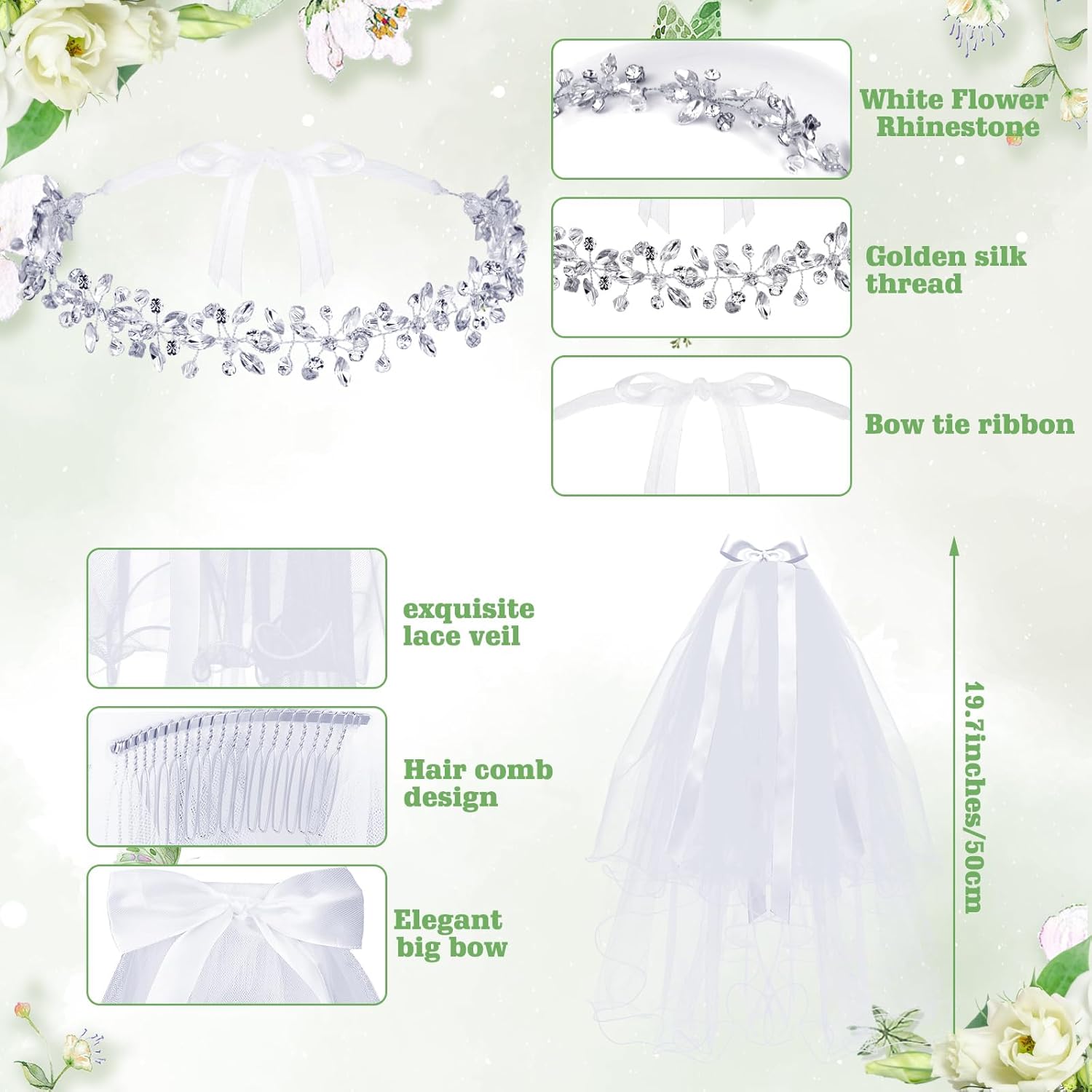 Funtery 6 Pcs First Communion Veils Girls Catholic Set 1st Communion Wreath Veil Headpiece Sock Necklace Bracelet Kid Wedding
