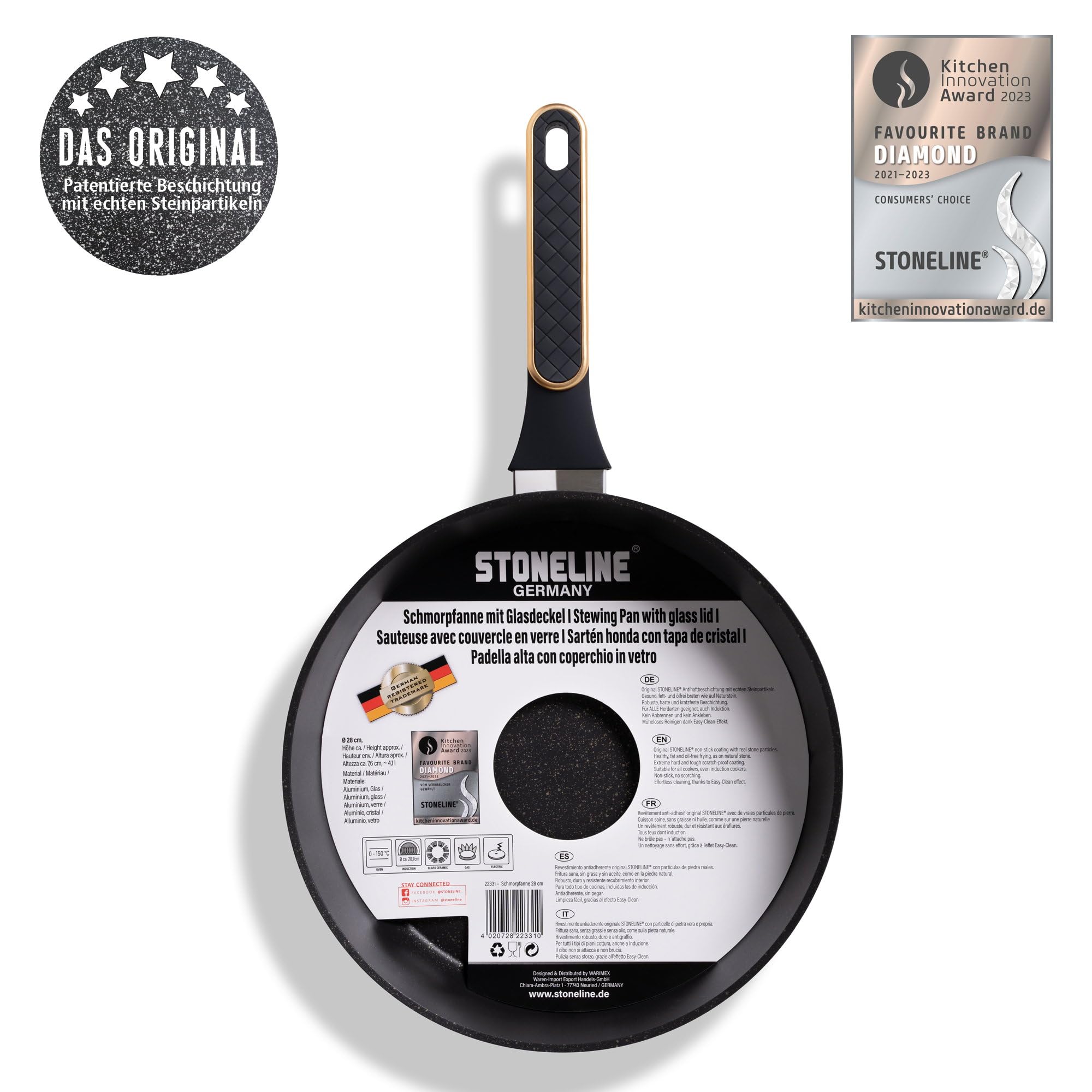STONELINE Schmorpfanne 28 cm Antihaft Pfanne hoher Rand, Tiefe Pfanne mit Deckel Induktionspfanne Beschichtet mit echten Steinpartikeln, alle Herdarten Backofen, ohne Fett und Öl braten, Roségold