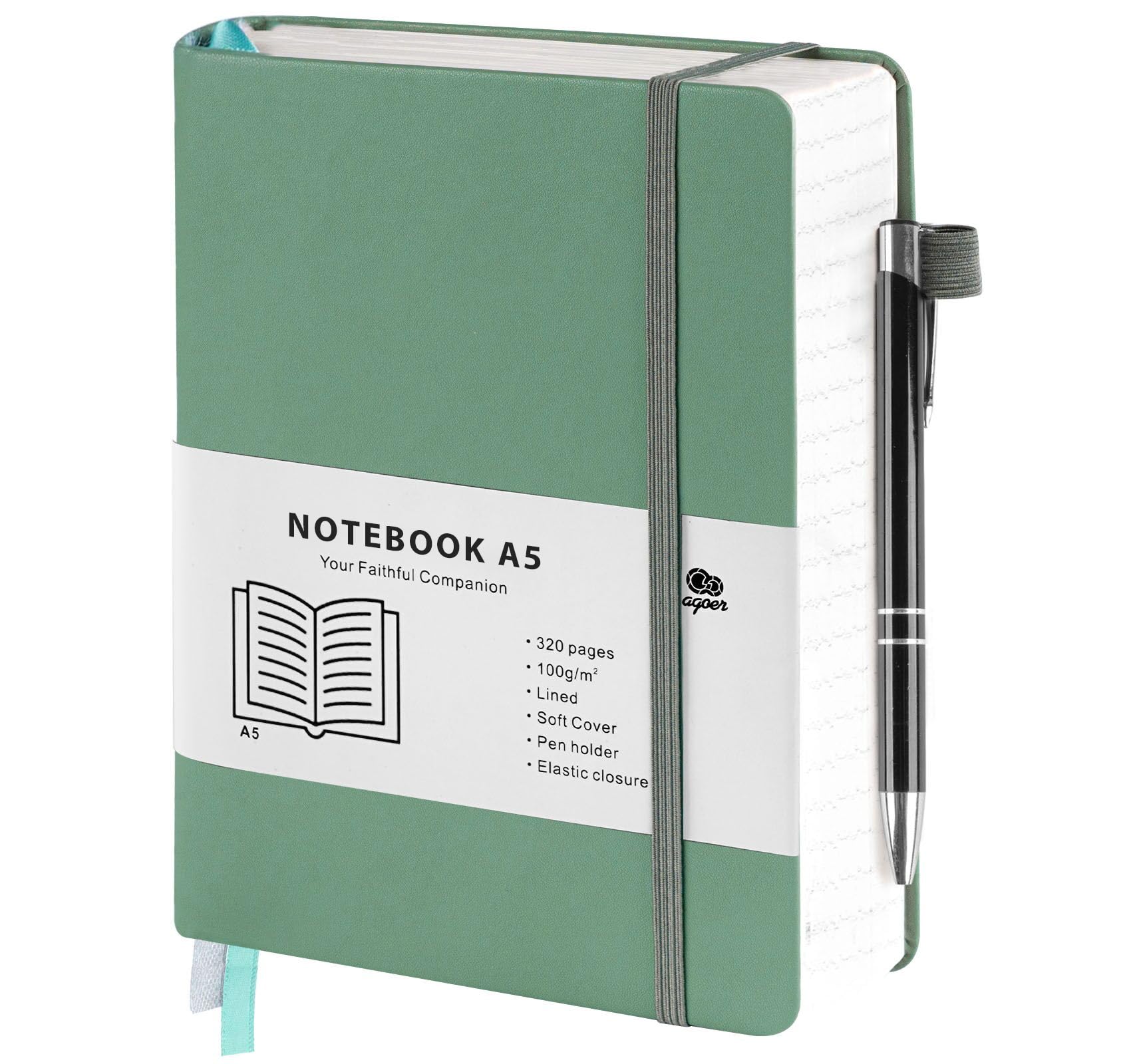 Agoer Cuaderno A5 a rayas, tapa dura, 320 páginas numeradas, diario de negocios, 100 g/m², cuaderno con bolígrafo y notas adhesivas, para oficina, escuela