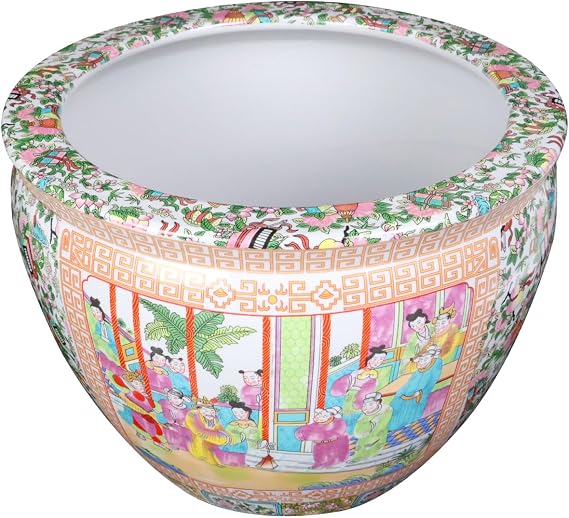 Rose Medallion Porcelain Fishbowl 14 Diameter with Swimming Gold Fish Inside