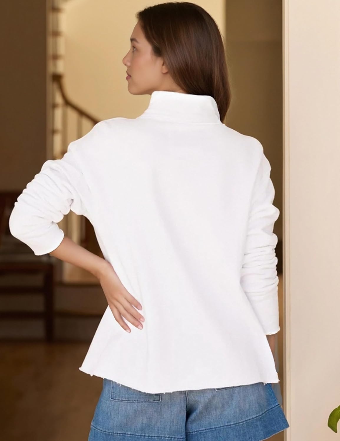 Zontroldy Women's Casual V Neck Pullover Sweatshirt Long Sleeve Solid Color/Stripe Polo Collared Shirts Tops - Image 6