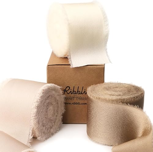 Ribbli Cinta de Satén de Seda Marfil Champán de 1.5 Pulgadas x 30 Yardas Cinta de Gasa Deshilachada Hecha a Mano para Envolver Regalos Invitaciones