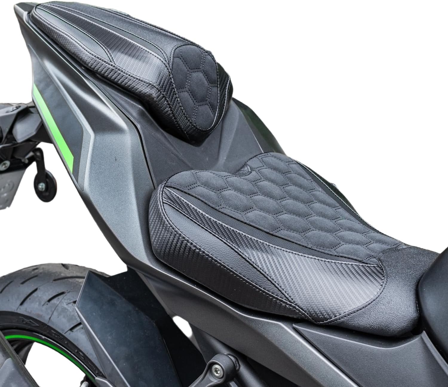 Motorcycle Leather Front Driver Rear Passenger Seat Cushion Pad Set fit for Ninja ZX-4R ZX-4RR ZX4R ZX4RR 2023 2024 2025 Pressure Relief Soft Pillion Saddles, Carbon Fiber Look