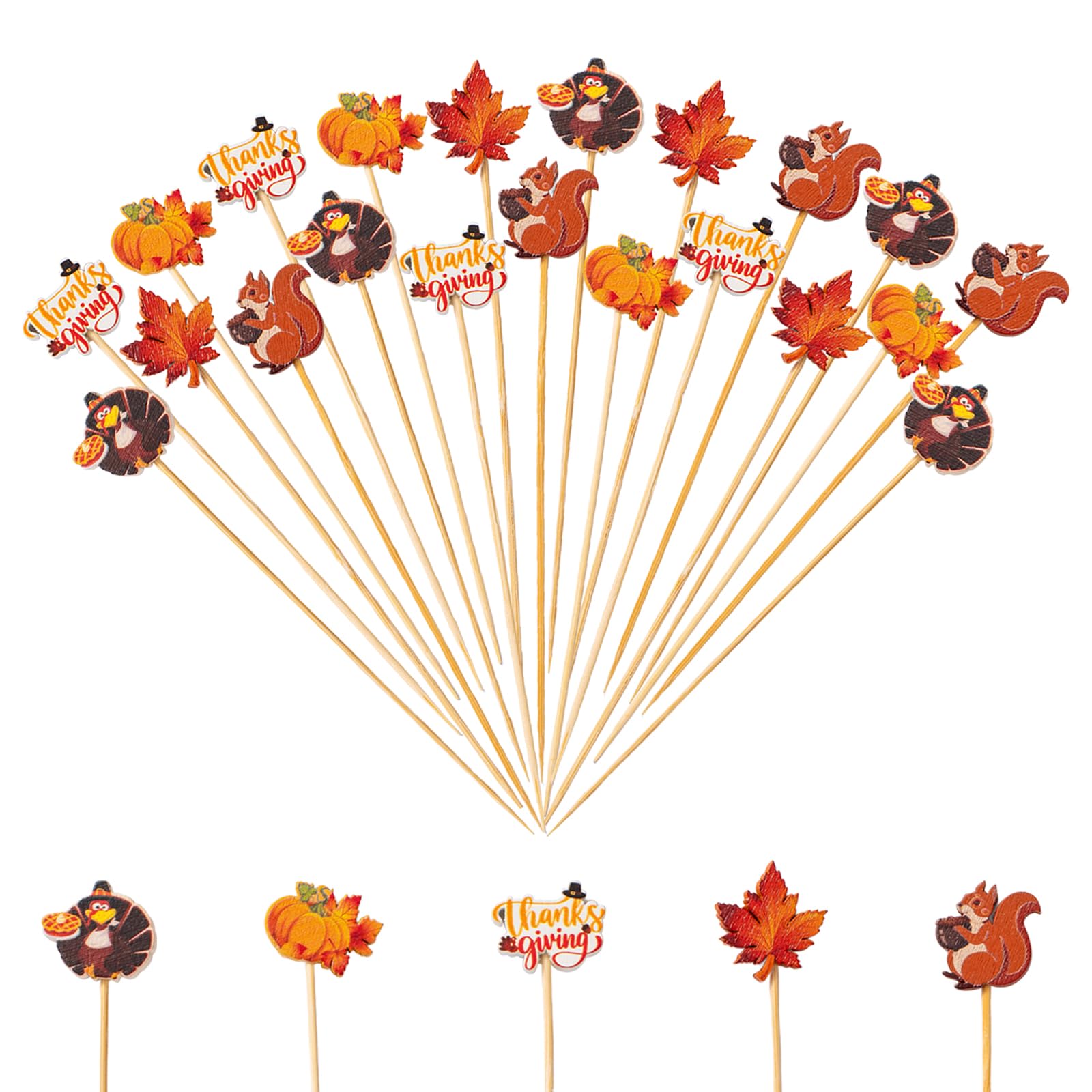 Jiesky 240 palillos de cóctel de otoño, temática de otoño, pavo, ardilla, calabaza, hoja de arce, palillos de dientes de cóctel de bambú, palillos de frutas, sándwich, aperitivos, brochetas de