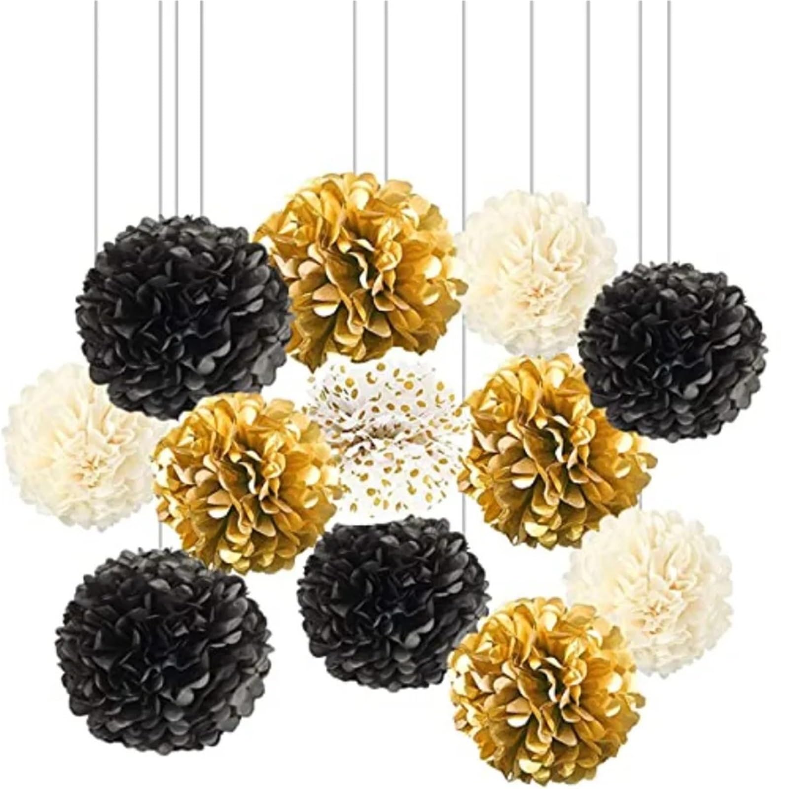 Pompones De Papel 12 Pompones De Papel De Seda for Colgar Bolas De Flores for Decoración De Fiesta De 10 Y 12 Pulgadas(BlackGoldGradient)