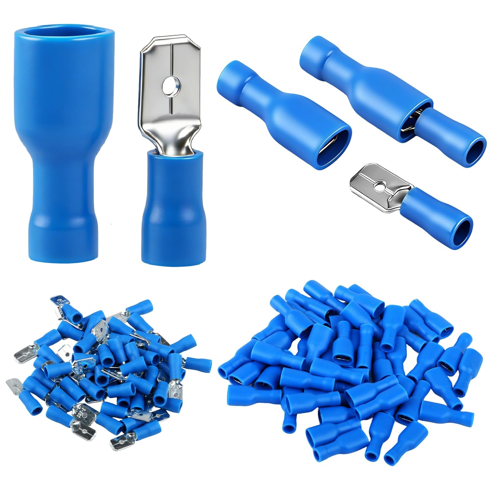 100Pcs 14-16AWG Crimp Connectors, Fully Insulated Spade Wire Connector Crimp Terminals Electrical Cable Crimping Connectors 50Pcs Female 50Pcs Male 1.5-2.5mm² Blue