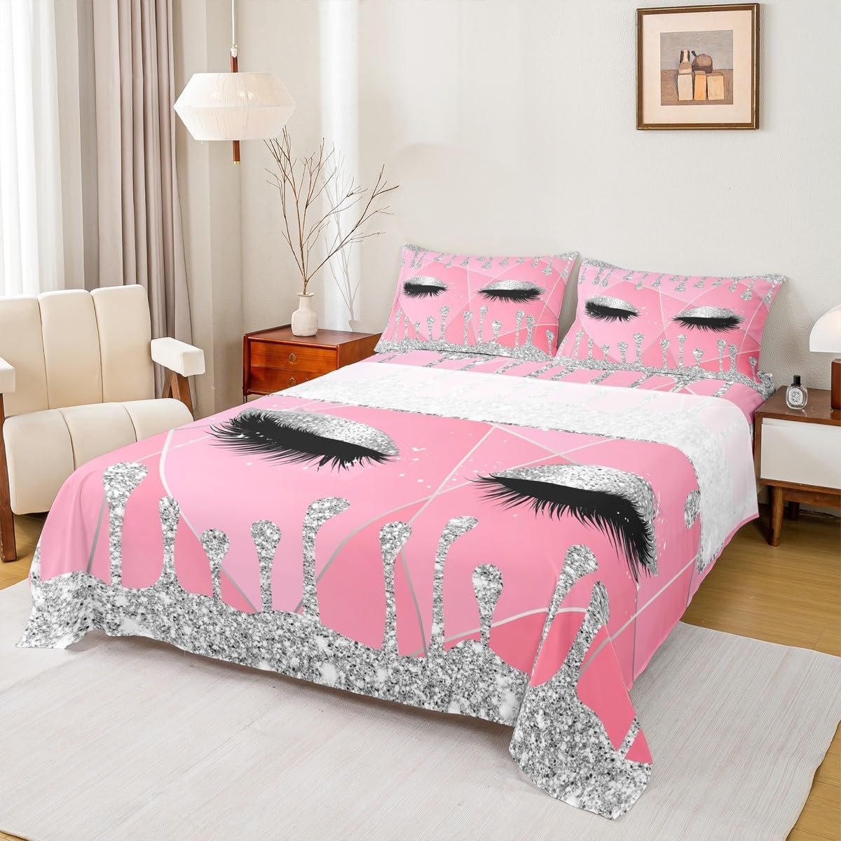 Feelyou Glitter Print (No Glitter) Eyelash Bed Sheets Set Eyes Diamond Design Sheets with Deep Pocket Fitted Sheet Modern Simple Lovely Sheet Set for Adults Pink Bedding Set Ultra Soft Queen 4Pcs