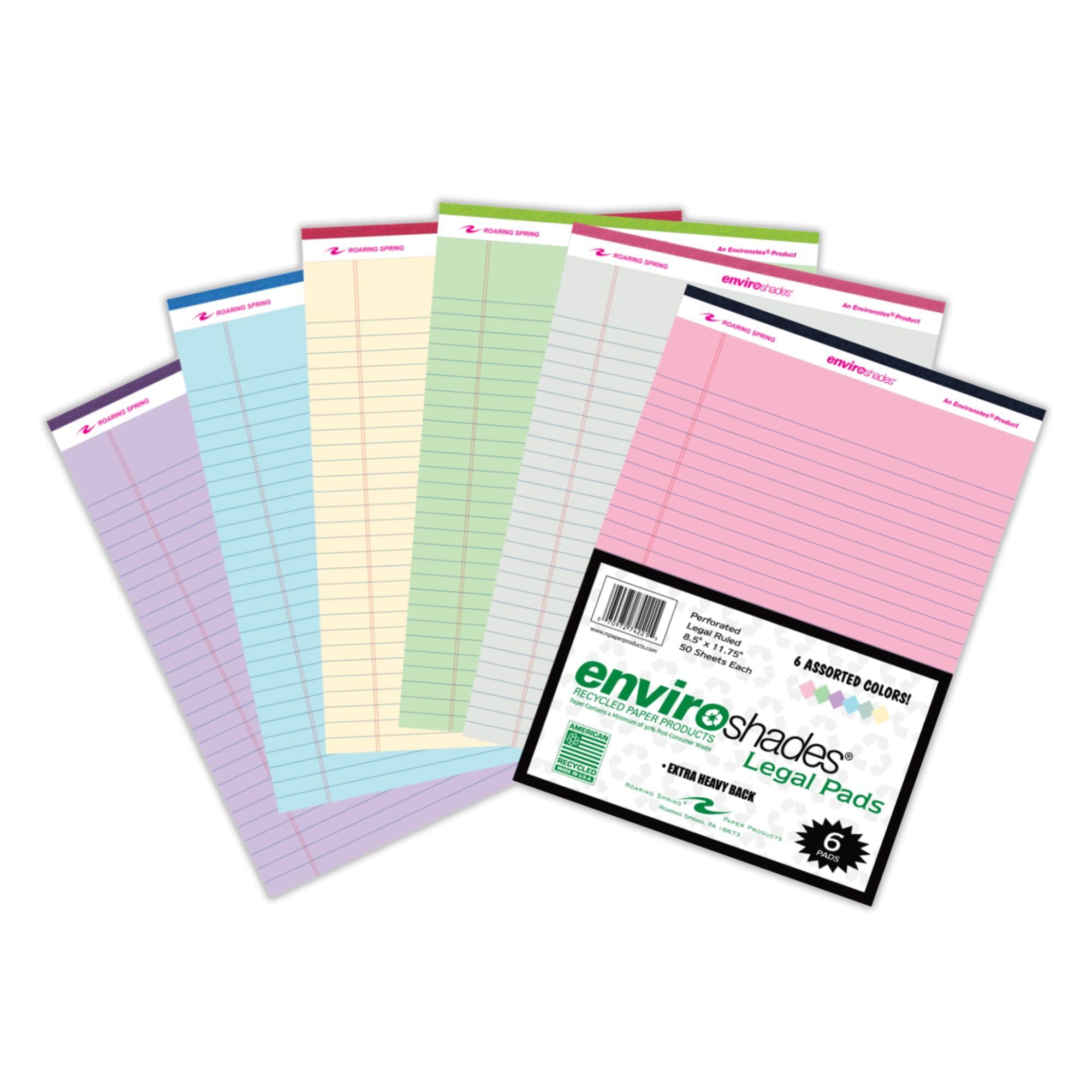 ROARING SPRING Enviroshades Recycled Colored Legal Pads, Assorted Colors, 6 Pack, 8.5" x 11", Legal Ruled, 50 Sheets Per Pad, 15 lb Perforated Paper, Made in USA