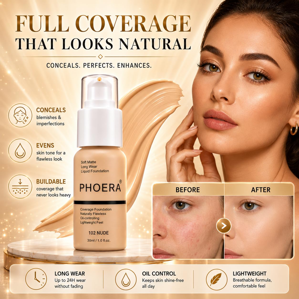 Glamza PHOERA Foundation 102 e 104,Fondotinta a copertura totale, copertura completa, 30 ml, 24 ore di controllo dell'olio opaco (Buff Beige #104) (Nudo #102) + pennello liquido fondotinta