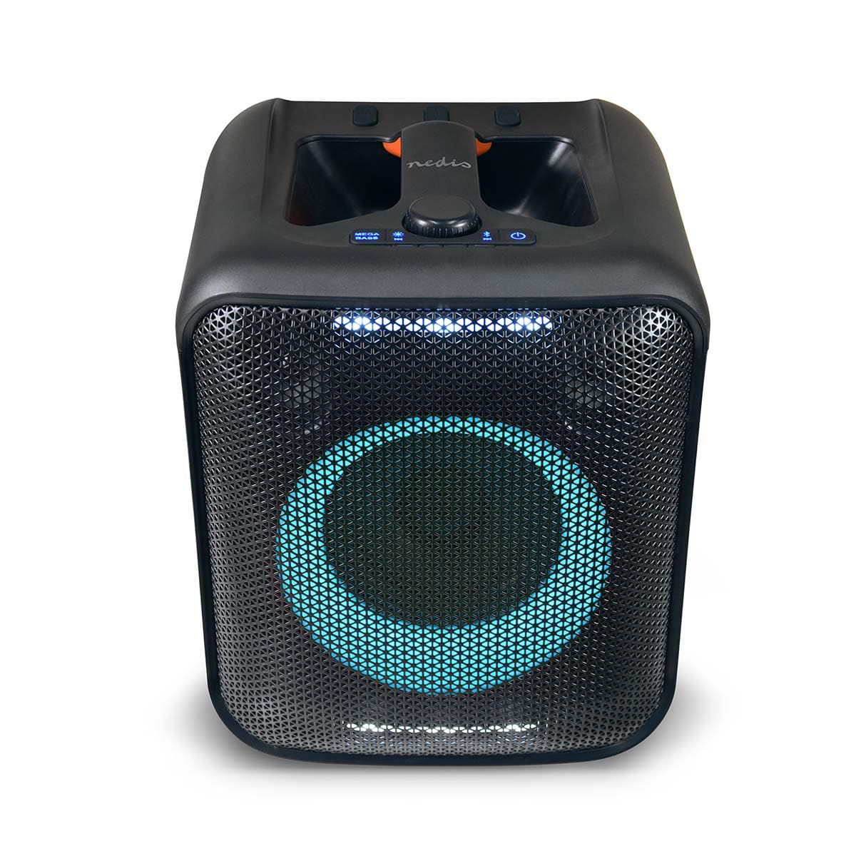 Nedis Altoparlante per feste Bluetooth - massimo tempo di riproduzione: 5 ore - 150 W - Maniglia - Luce per feste - Collegabile - Equalizzatore - Arancione/Nero