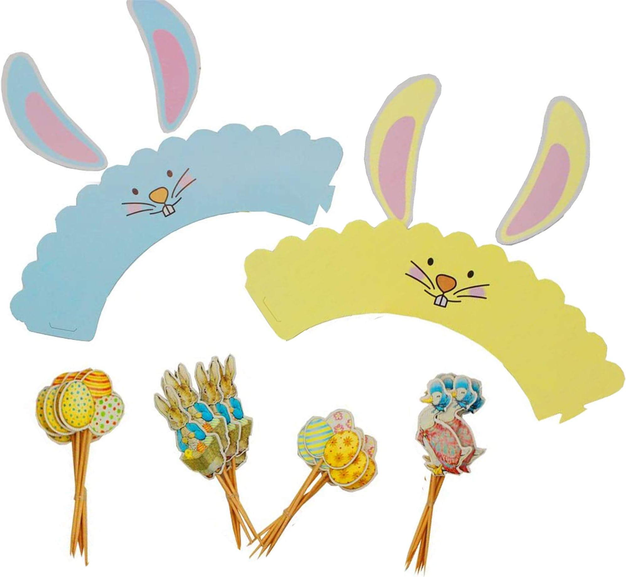 Youshe 24Pcs Double-sided Rabbit, Duck, Easter Eggs Cupcake Picks Cake Toppers And 24PCs Rabbit Paper Easter Cupcake Wrappers for Fun Easter Party Decoration Set, 48pc/set in Total
