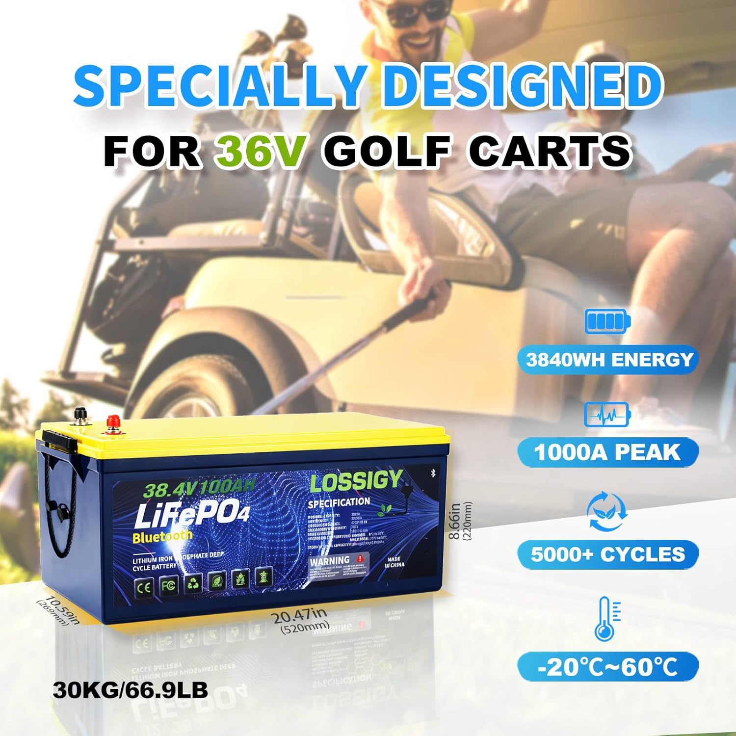 LOSSIGY 36V Lithium Golf Cart Battery with 25A Charger&Monitor, 36 Volt Golf Cart Conversion Kit, Prefect for Trolling Motor, Marine, Boat, Built in 200A Bluetooth BMS, Peak Current 1000A(3-5s)