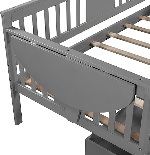 Miniatura 7 de Lifeand Sofá cama de tamaño individual con 2 cajones, barandilla, fácil montaje, plataforma de madera para dormitorio, habitación de invitados, gris