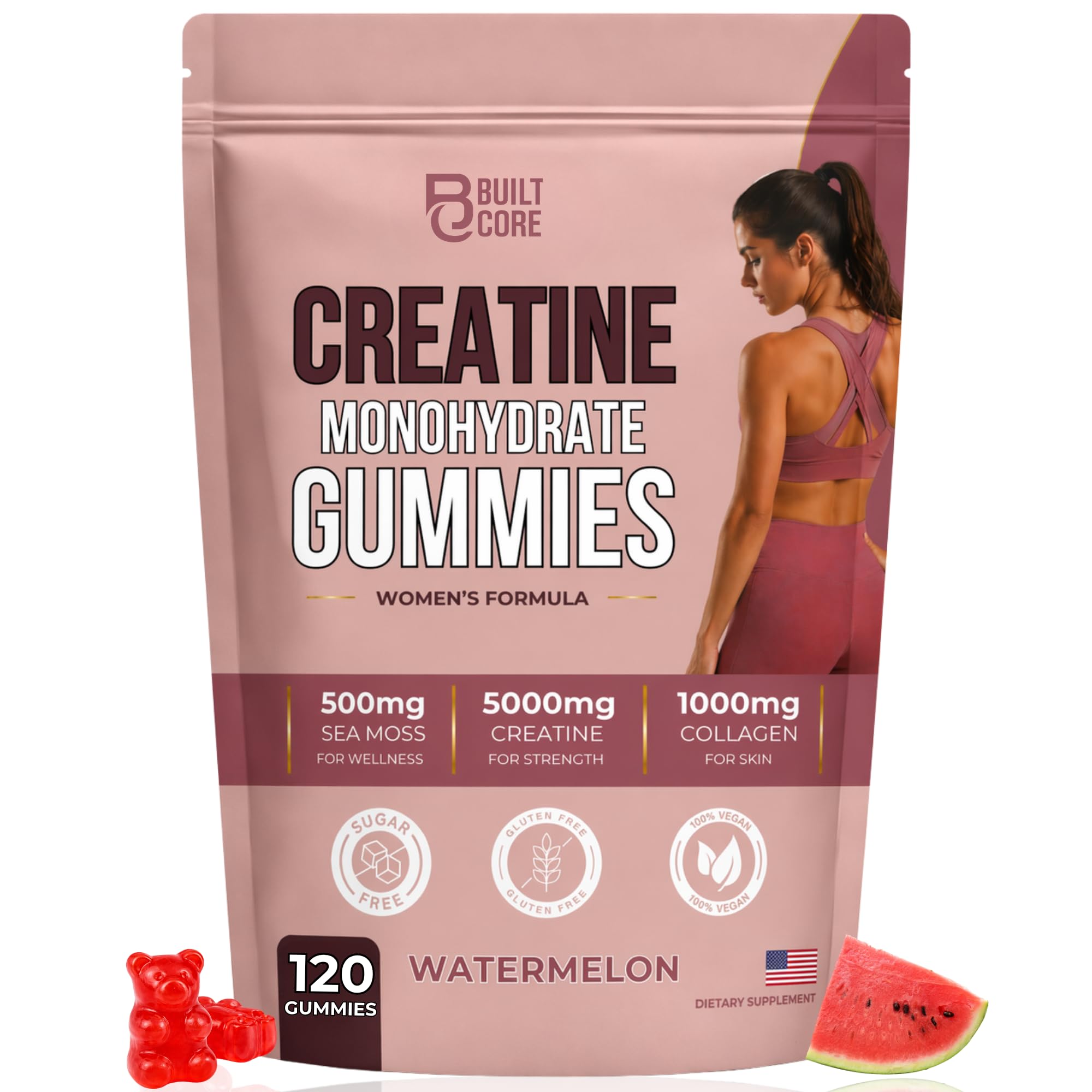 Creatine Gummies for Women, 5g Monohydrate with Sea Moss and 1g Collagen per Serving, 120 Watermelon Chews, 30 Day Fitness Beauty Supplement Pouch