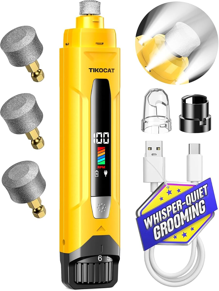 Molinillo de uñas para perros Whisper-Quiet 50% más de potencia para perros sensibles, gatos | Cortauñas para mascotas de 6 velocidades con pantalla LED y 4 luces LED, 3 puntas de molienda, sin corte excesivo, aseo sin estrés para todas las mascotas