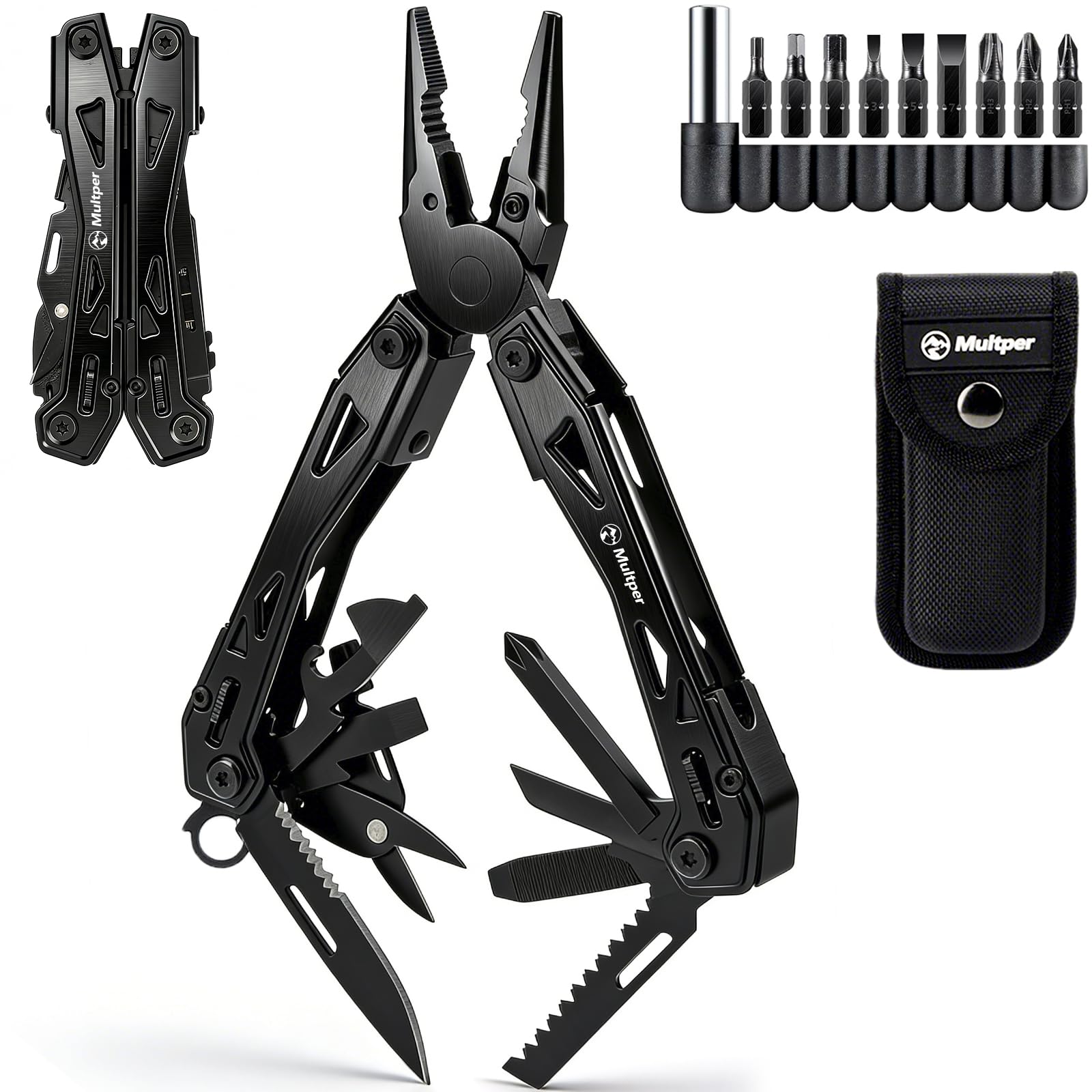 Multper Regalo Uomo, 26-in-1 EDC Multitool, Pinza Multiuso con Coltellino, Pinze Ad Ago, Tronchesino, Set di Cacciaviti e Altro, Attrezzatura di Sopravvivenza e Campeggio, Acciaio Inossidabile, Nero