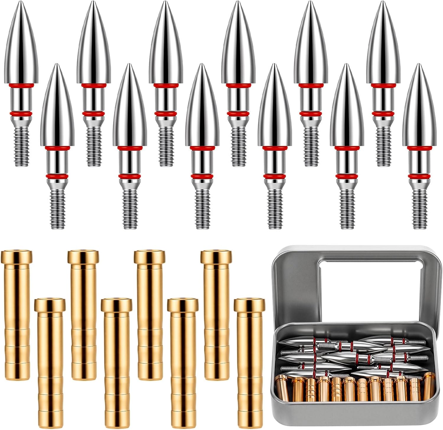 24 Pcs Archery Arrow Points Set, 12 Stainless Steel Arrowheads 12 Brass Inserts, Screw-in Target Tips with Storage Box for Recurve Compound Bow Crossbow Practice