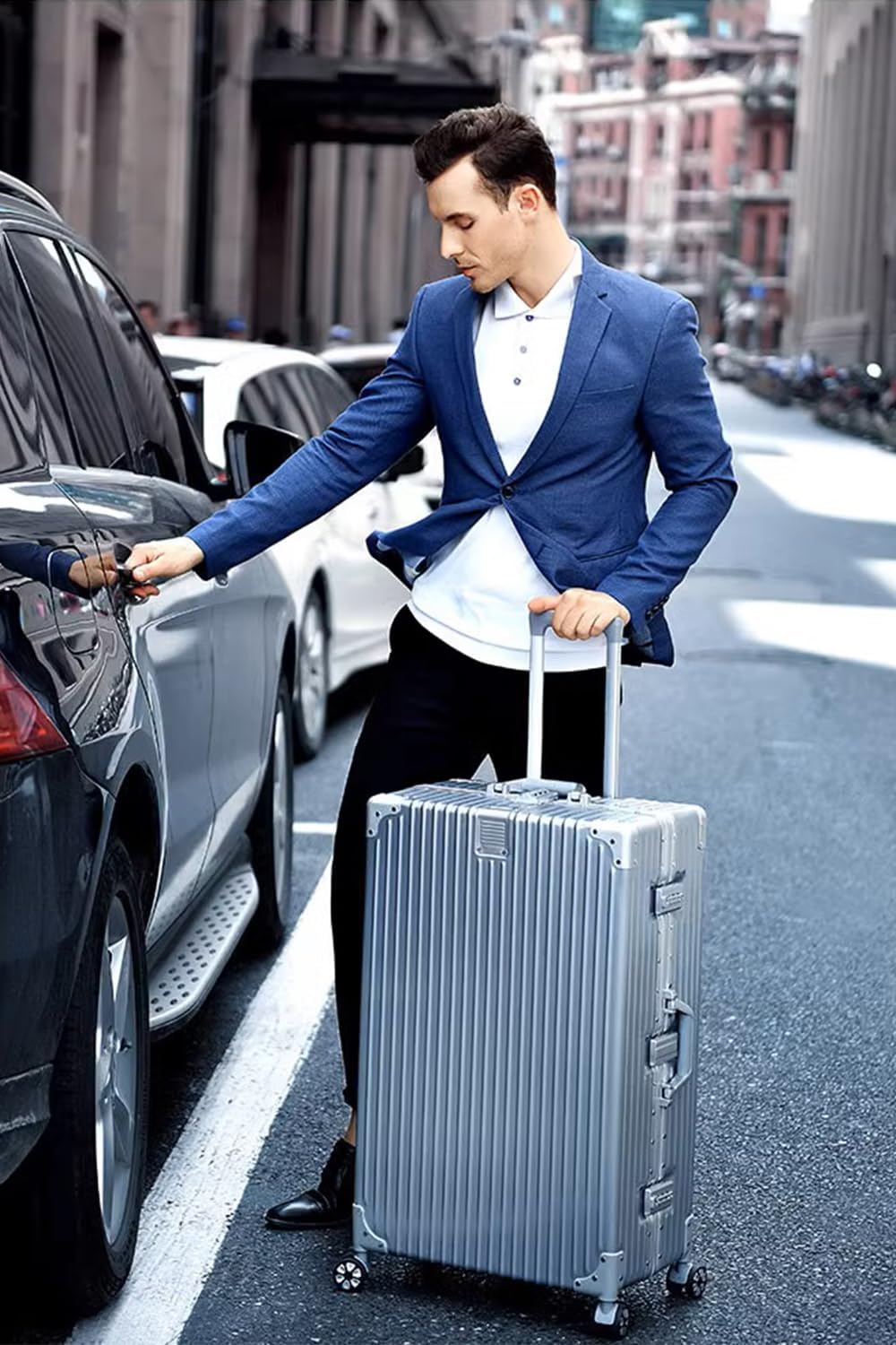Aoliwei Aluminiumrahmen Koffer S (55cm) Handgepäck – Leichter 100% PC Hartschalen-Trolley in Metall-Optik, 35L Business Reisekoffer mit TSA, 4 leisen 360° Rollen, Schwarz
