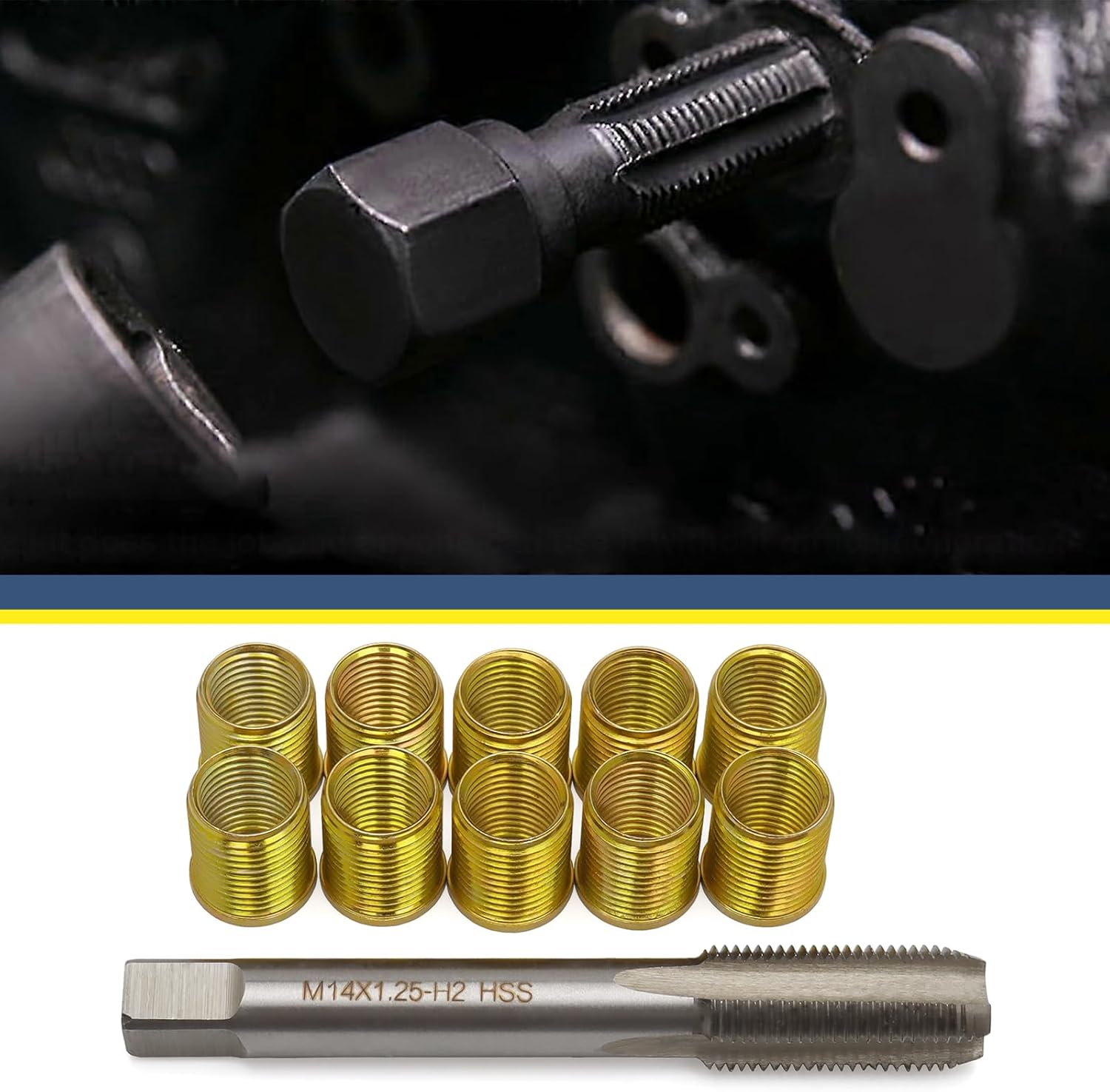 Spark Plug Thread Repair Kit M12x1.25 Inserts and M14x1.25 Tap Steel Thread Repair Tool for Gasoline Gngines Generators Diesel Engines