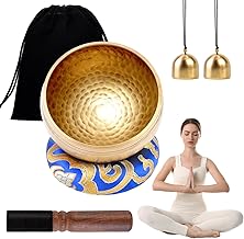 Singing Bowls, Meditation Bowl with Wooden Mallet/Silk Cushion/2 Bell Pendants, Tibetan Singing Bowls for Mental Relaxation/Yoga/Meditation, Has a Jute Bag