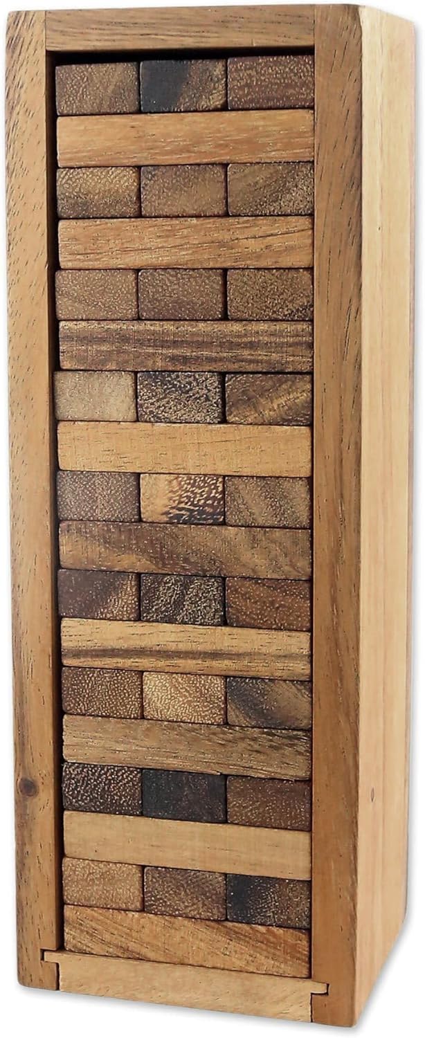 NOVICA Brown Rain Tree Wood Stacking Tower Game With Box, 'Delight'