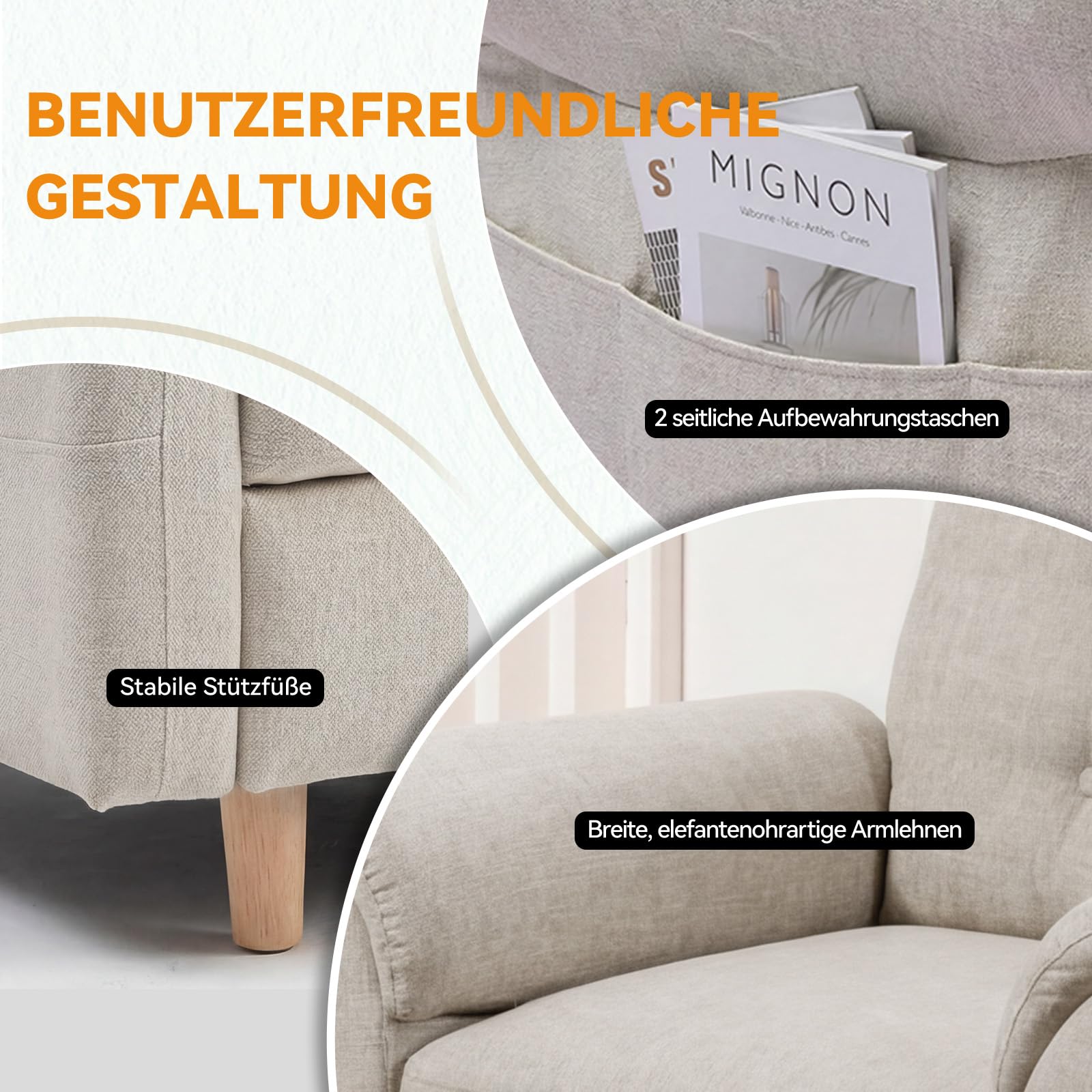 COMHOMA Relaxsessel Fernsehsessel mit Liegefunktion, Liegesessel mit Hocker & 4 Verstellbarer Rückenlehne, Polstersessel Stoff Einzelliegesessel Wohnzimmer Schlafzimmer Heimkino, Chenille, Beige