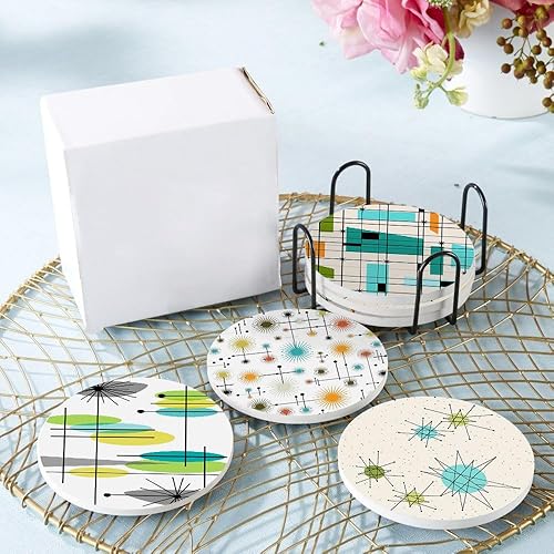 Miniatura 7 de HUXJOKO Juego de 6 posavasos para bebidas, diseño moderno vintage de mediados de siglo, posavasos de cerámica absorbente, tapete redondo de piedra,