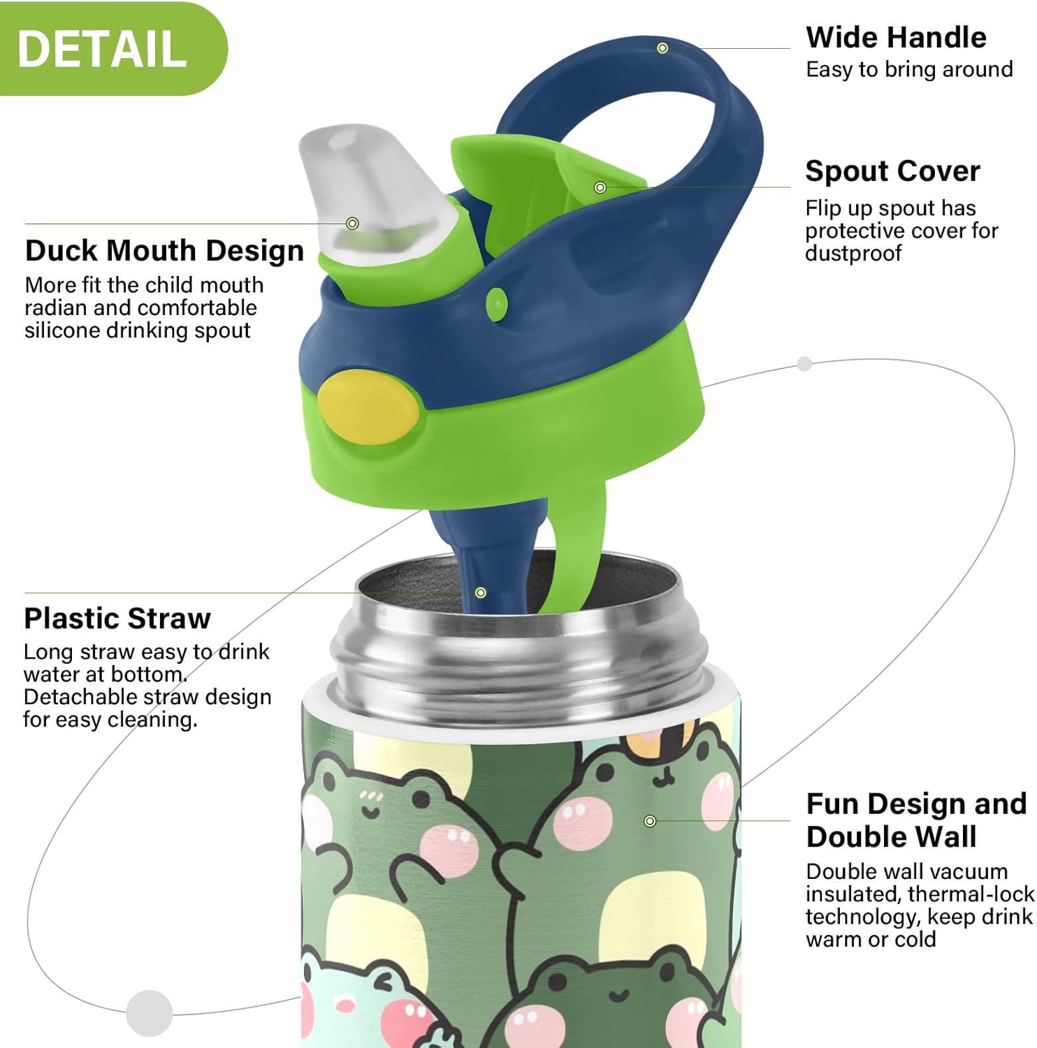 Cute Chubby Frog Kids Water Bottle, Insulated Stainless Steel Water Bottles with Straw Lid, 12 oz BPA-Free Leakproof Duck Mouth Tumbler for Boys Girls