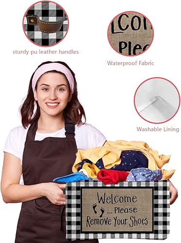 Miniatura 4 de Paquete de 2 cestas de almacenamiento grandes con texto en inglés "Welcome Please Remove Your Zapatos", caja de almacenamiento plegable, organizador