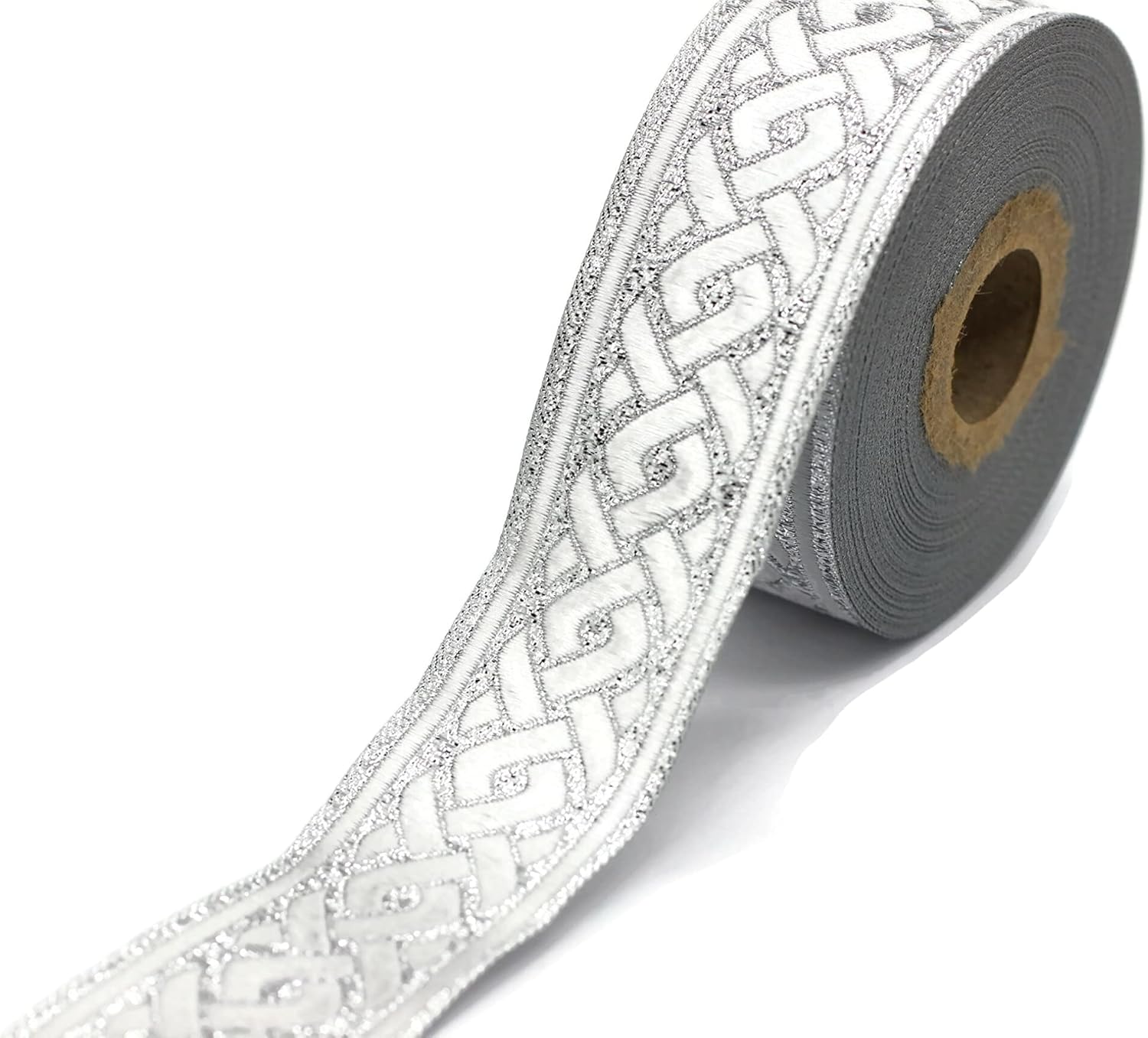 11 Yard Spool 1.37 inches Metallic Silver Celtic Knot Jacquard Ribbon Sewing Trim Upholstery Fabric Costume Drapery Making Trimming 35069