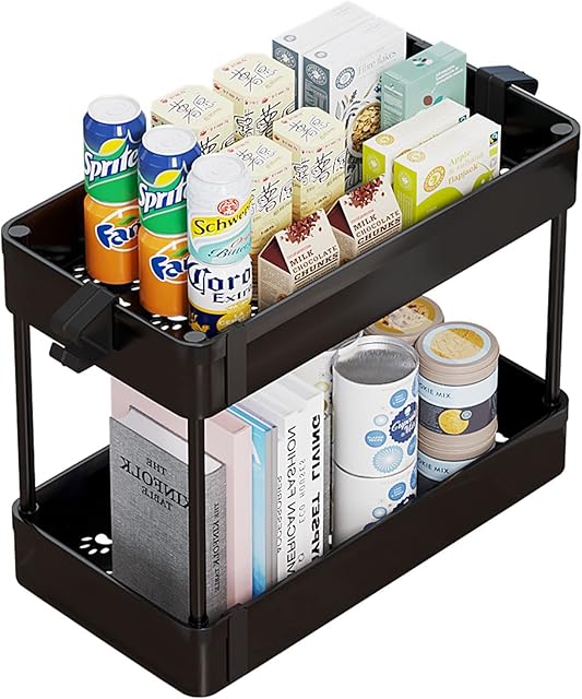 JIUYOTREE 2-Tier Storage Rack, Standing Shelf Unit Organizer for Kitchen Bathroom Laundry Room and Narrow Places,Black