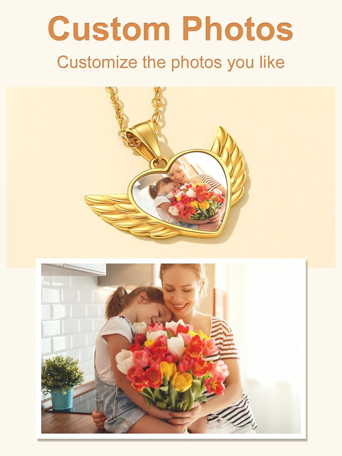 Custom4U Heart Necklace Picture Pendants for Men Wings Necklace Gold Pendant for Women