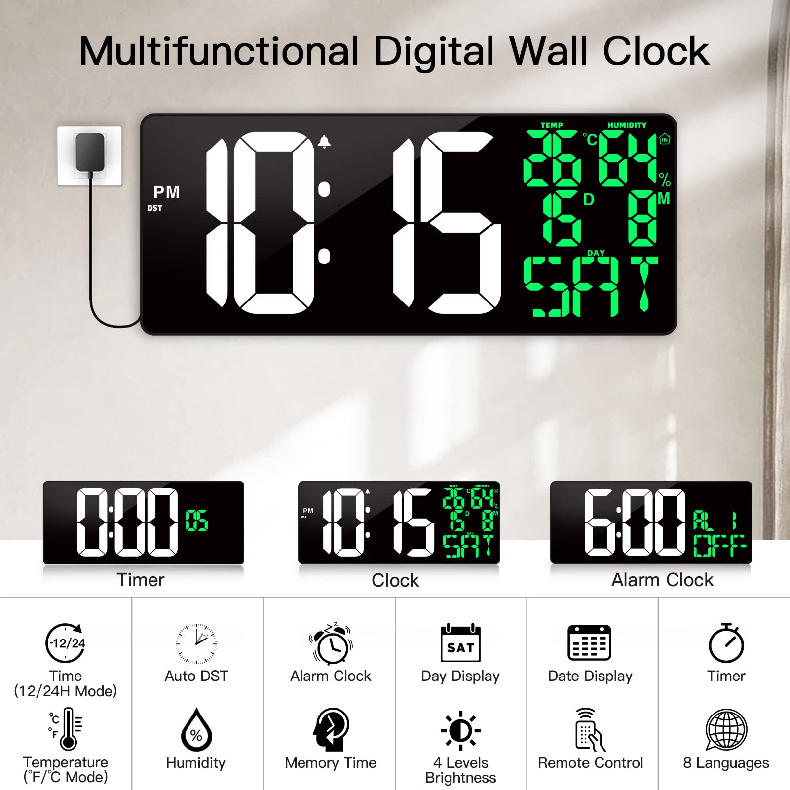 XREXS Extra Large Digital Wall Clock with Remote Control, 18 Inch LED