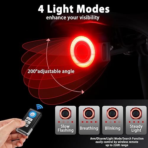 Miniatura 2 de WSDCAM Luz trasera de bicicleta remota con alarma, luz de freno inteligente para bicicleta, encendidoapagado automático, batería de larga duración