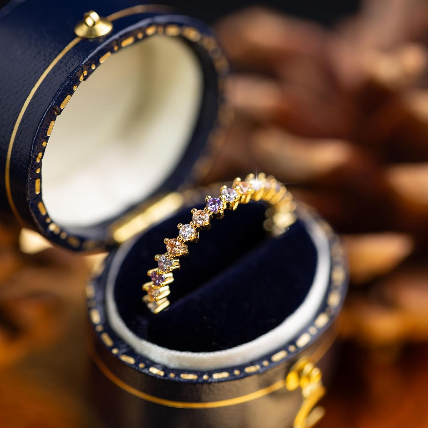 AMORAMOR & FOREVER Dainty Eternity Stackable Ring for Women – 14K Gold Plated Thin Rainbow Band with Colorful Cubic Zirconia, Cute CZ Wedding Ring - Image 5