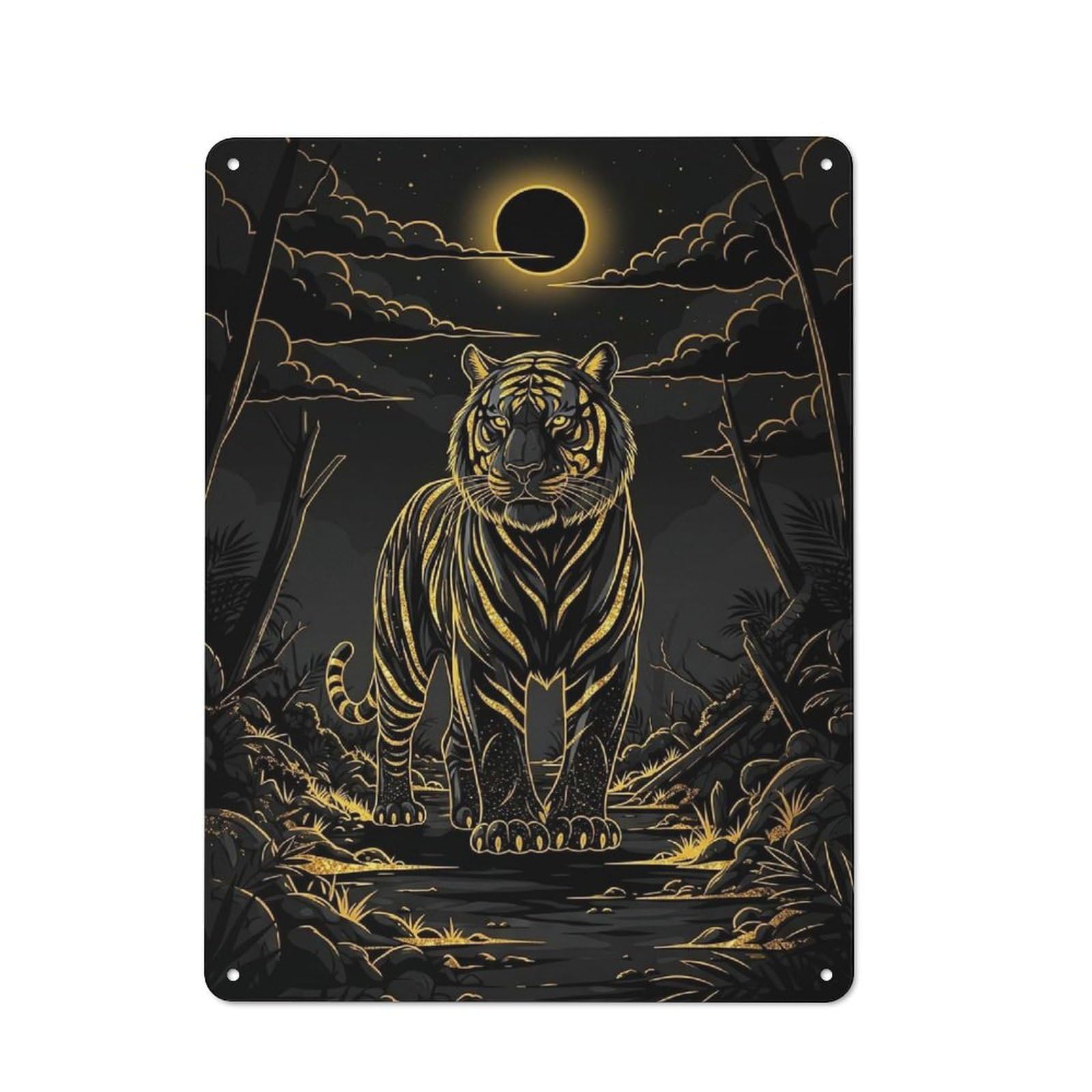 Junmoney Style-8 Golden Tiger In Moonlit Forest Rustic Metal Plaque 40X30cm For Living Room Or Hallway, For Garage, Workshop And Man Cave Decoration