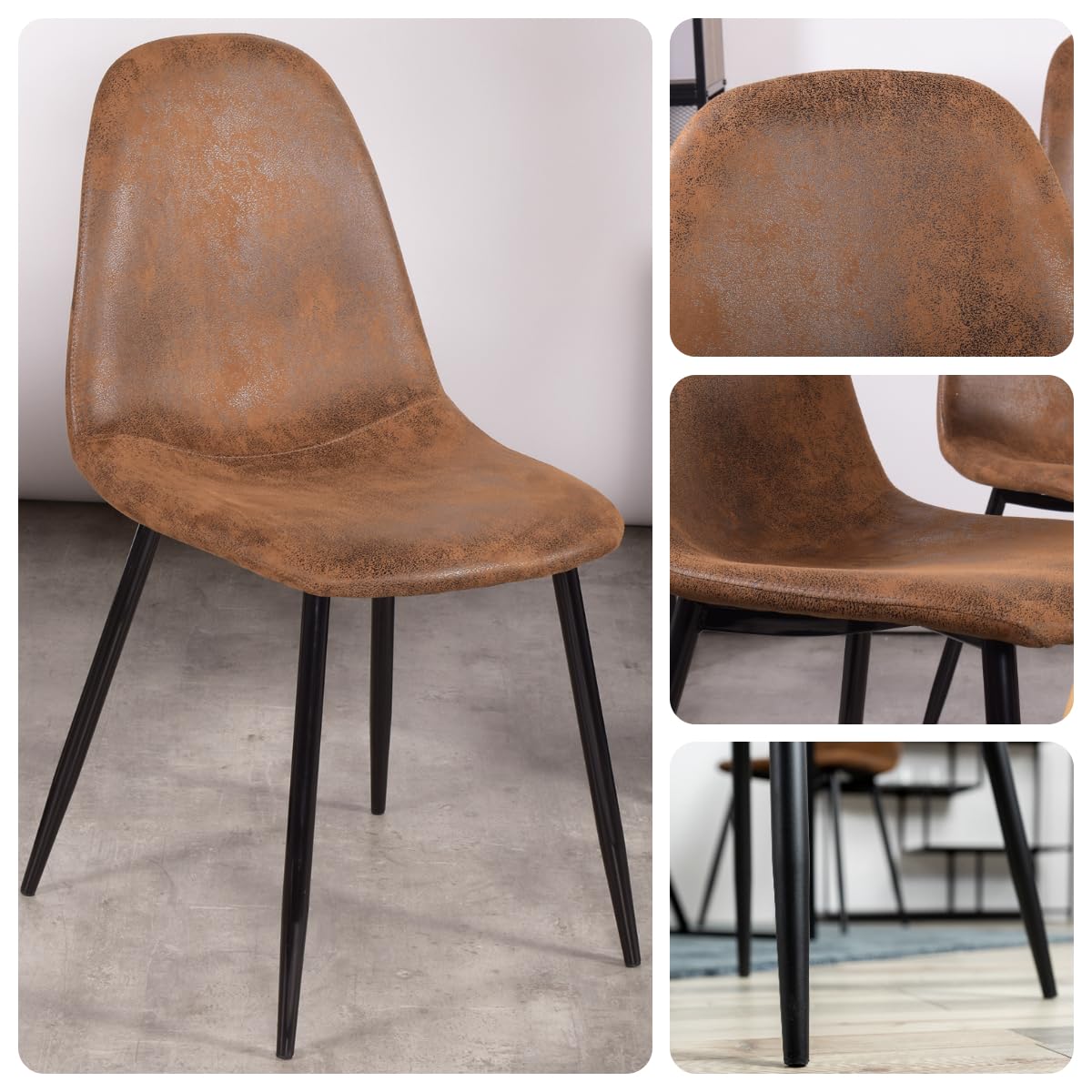 Set di 4 sedie da salotto in camoscio marrone con seduta imbottita per il tempo libero a casa, sedie scandinave, con schienale comodo e gambe in metallo nero per il relax casa