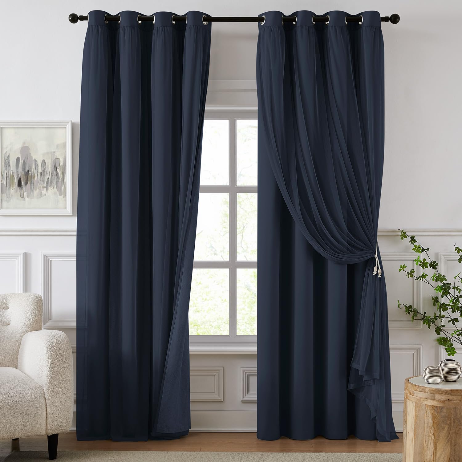 100% Blackout Curtains for Bedroom, Double Layer Navy Blue 90" L