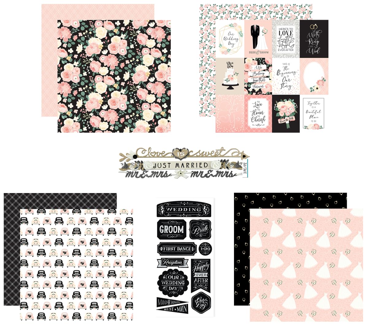 Hochzeitsscrapbook-Papier, 30,5 x 30,5 cm, doppelseitiges Hochzeits-Themenpapier, Aufkleber für Scrapbooking, Planer, Jubiläumsalbum, Fotobuch – niedliches Bastelset, insgesamt 6 Stück