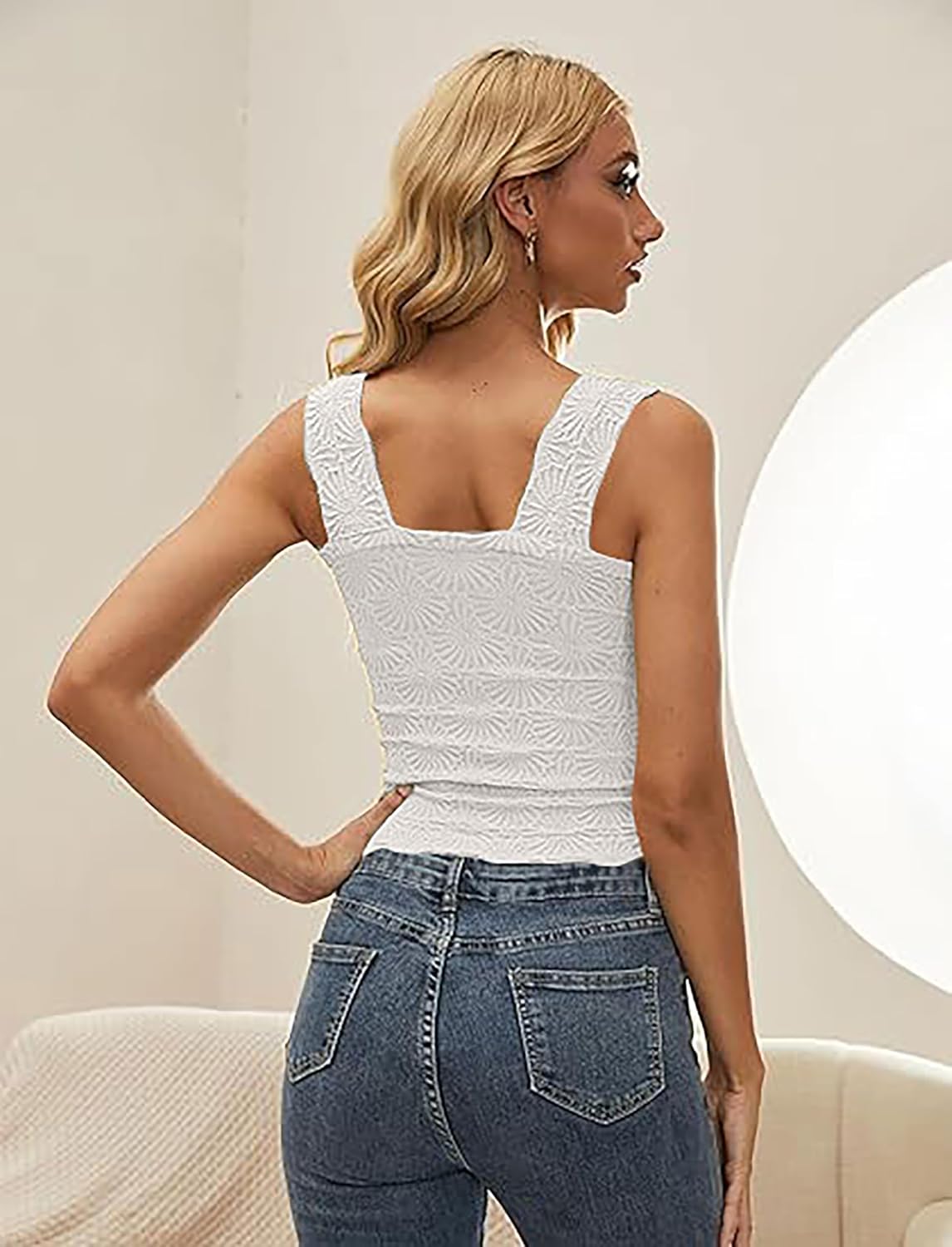 Women Square Neck Wide Strap Floral Crop Tank Top Sleeveless Lettuce Trim Solid Slim Cropped Cami Vest Tops - Image 2