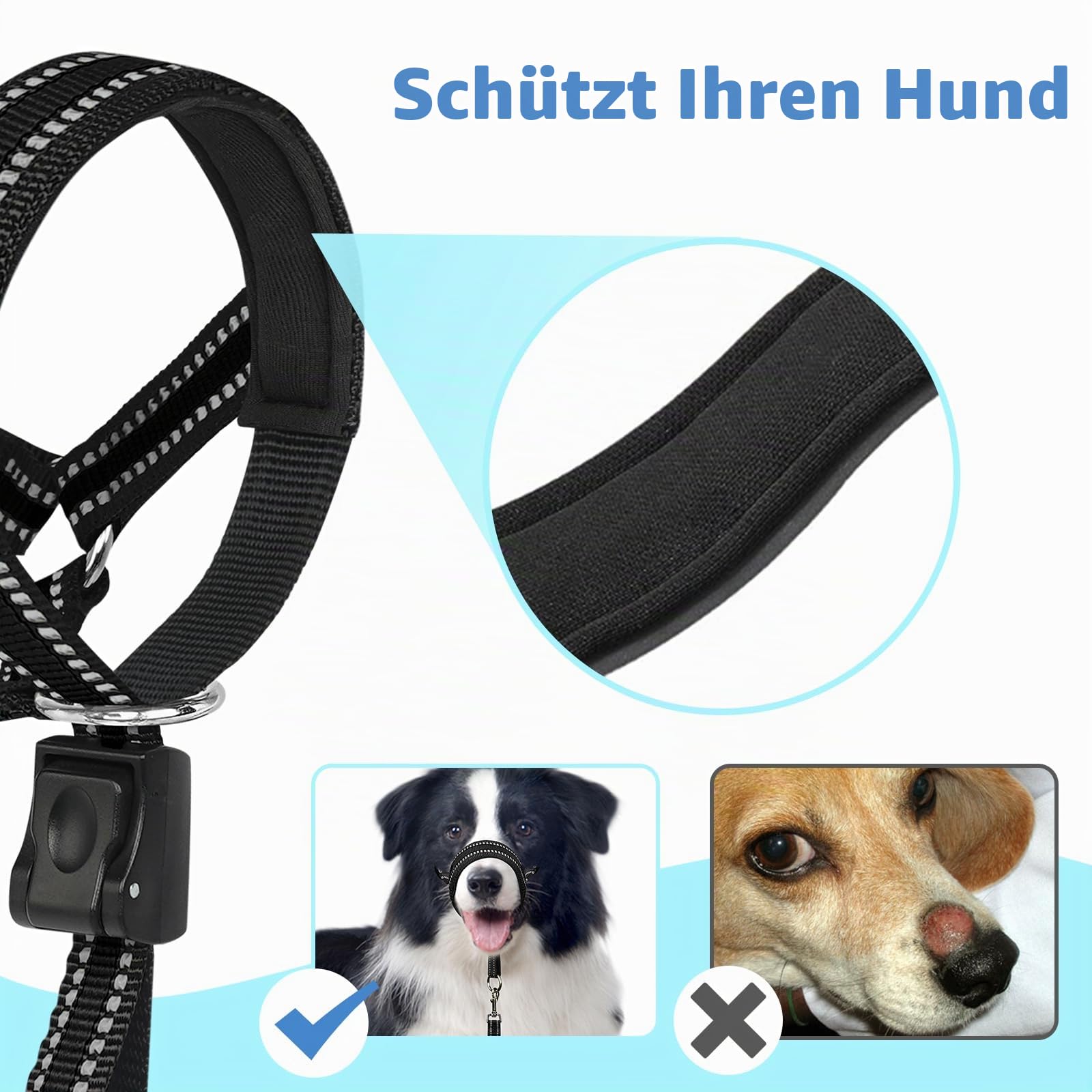 Weiches Hundehalfter, gepolstert, kein Ziehen, Hundetraining-Nasenleine mit Sicherheitsglied für mittelgroße und große Hunde, verstellbare Maulkorb-Leine, einfache Kontrolle für Spaziergänge mit dem