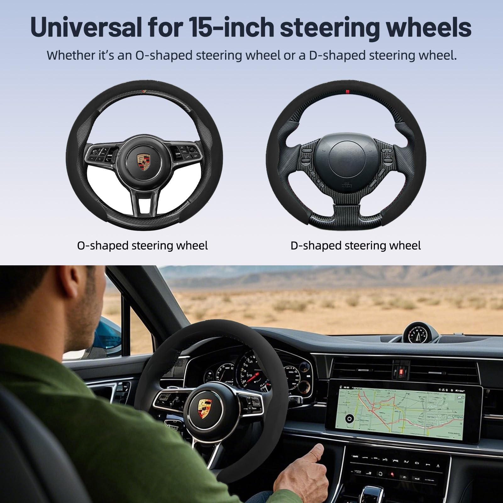 Ernica Suede Steering Wheel Cover, Universal 15 Inch Car Steering Wheel Cover, Non-Slip Design,Breathable,Car Interior Accessories Black