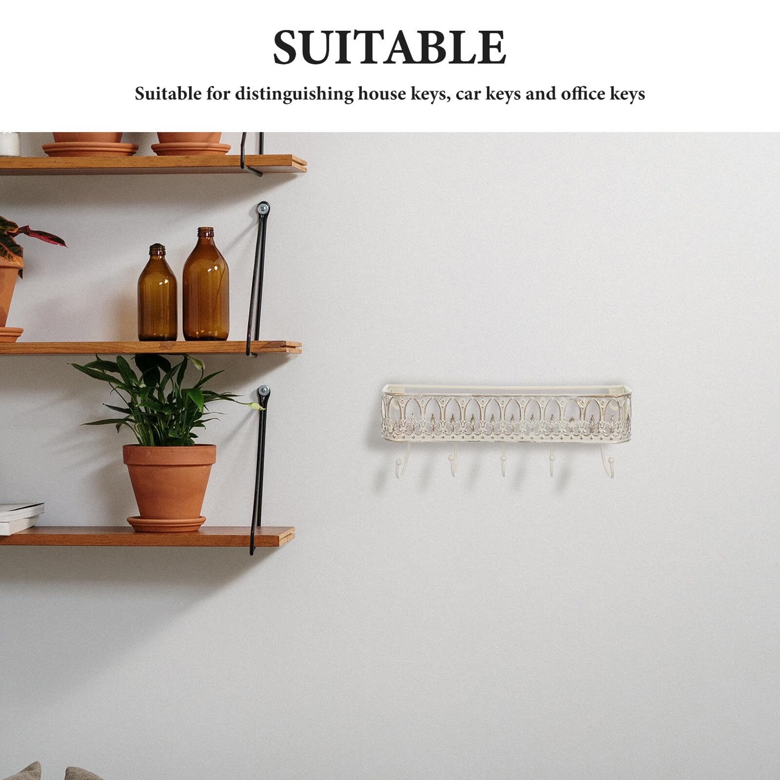 SHINEOFI Portachiavi da Parete Vintage in Ferro Bianco con Struttura Robusta e Ganci Metallici, per Ingresso e Soggiorno, Dimensioni 30,5x11,5x7 Cm