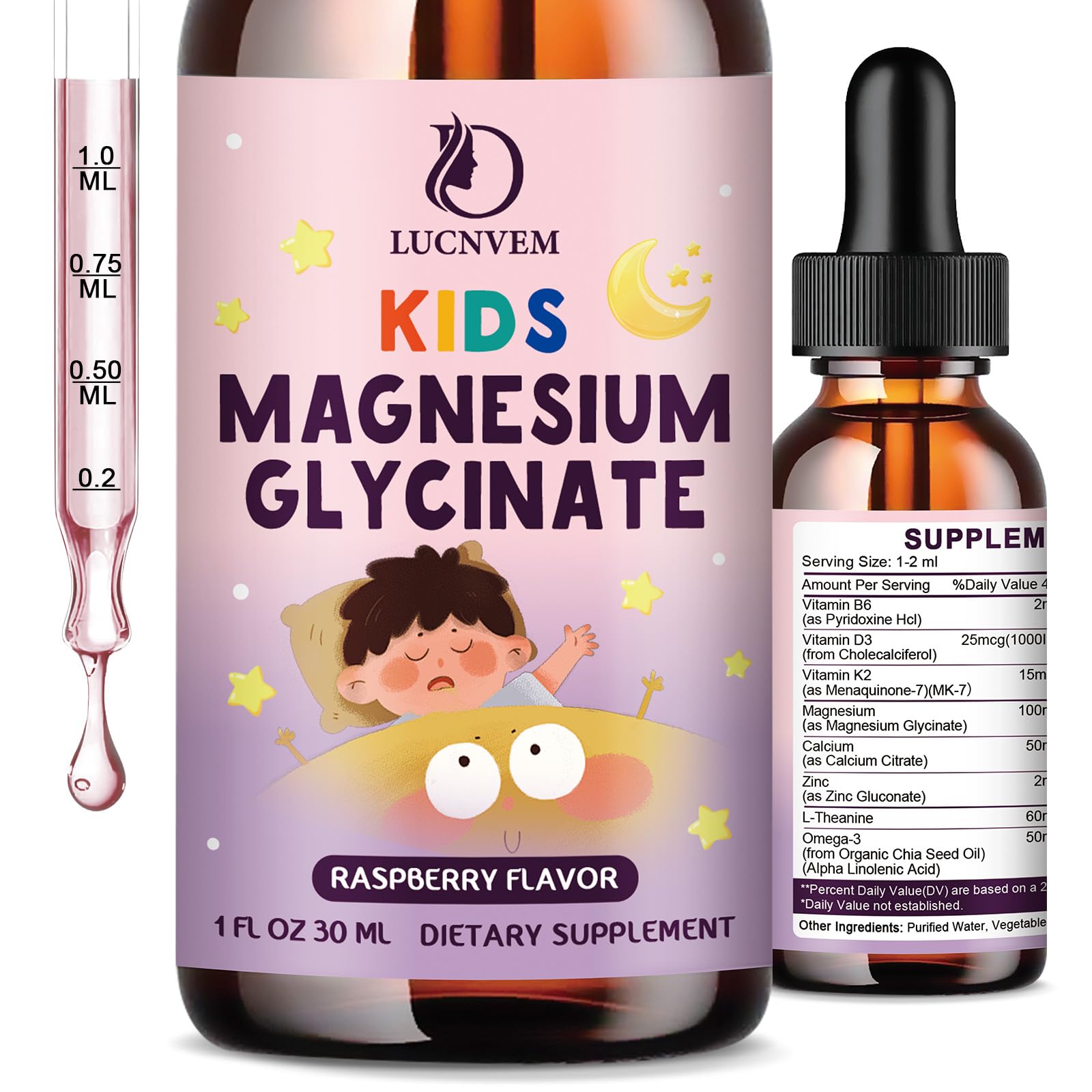 Kids Magnesium Glycinate Sleep Liquid Drops – Magnesium Glycinate with L-theanine for Sleep & Calm Support – Melatonin-Free, Sugar-Free Raspberry Falvor – 1 Bottles, 30ml Each Raspberry 1 Fl Oz (Pack of 1)