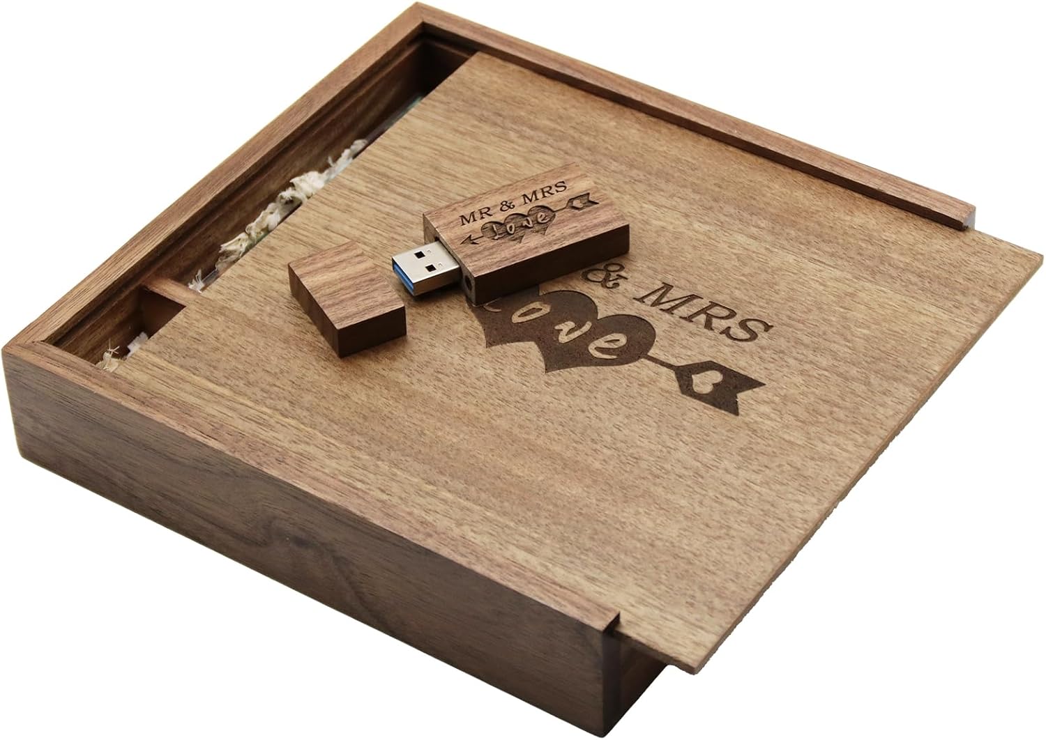 64GB Wood USB 3.0 Flash Drive with Laser Engraved Mr & Mrs Design - 64GB Wood USB Memory Stick with Photography Wood Box (170x170x35mm) for Bride, Groom (Walnut)